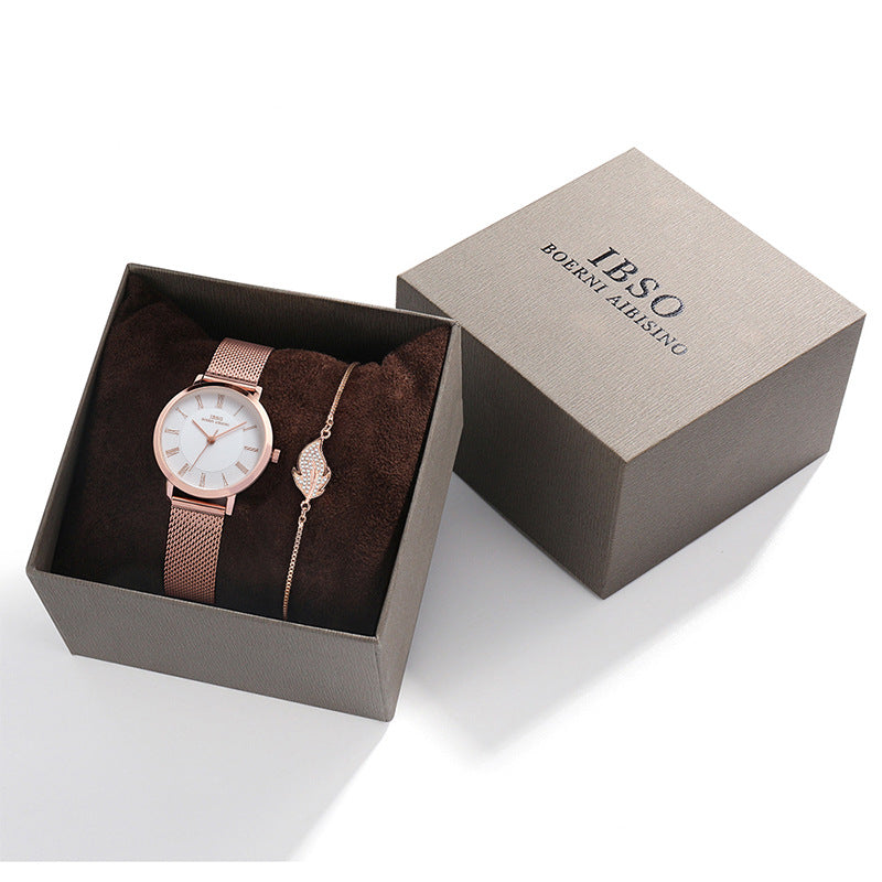 Women’s Leaf & Rhinestone Bracelet Watch Set
