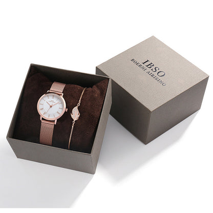 Women’s Leaf & Rhinestone Bracelet Watch Set