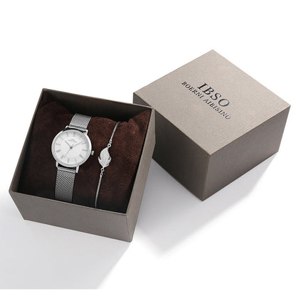Women’s Leaf & Rhinestone Bracelet Watch Set