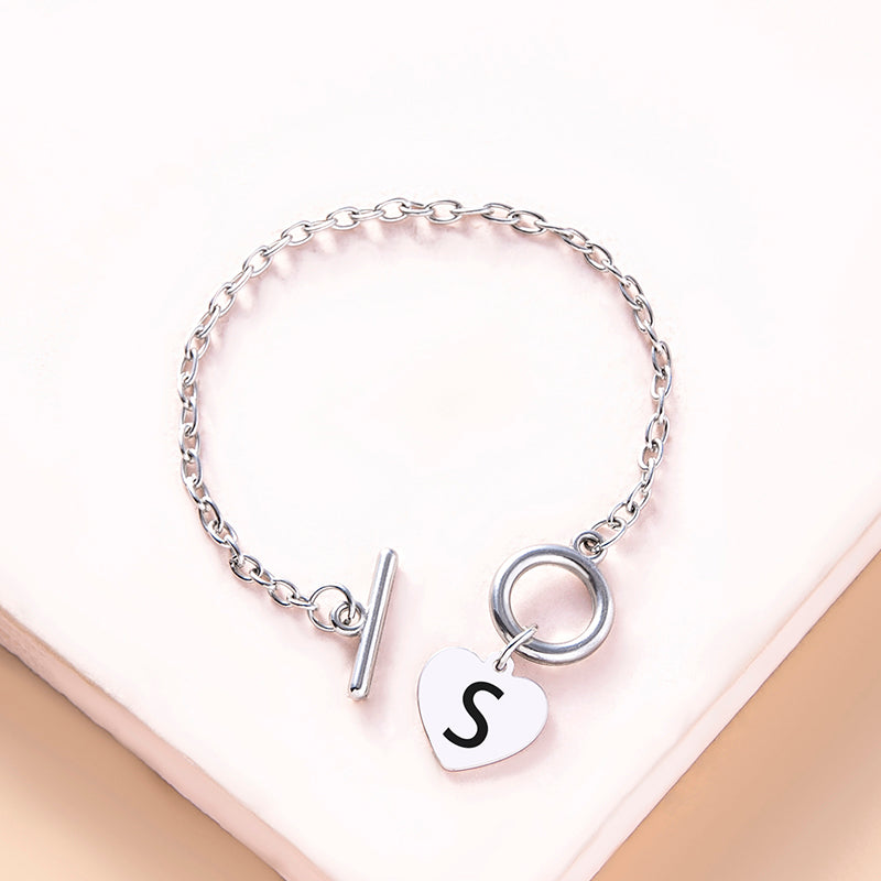 Silver OT Buckle Initial Heart Bracelet