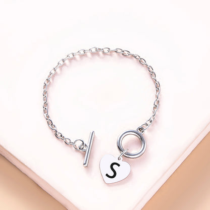 Silver OT Buckle Initial Heart Bracelet
