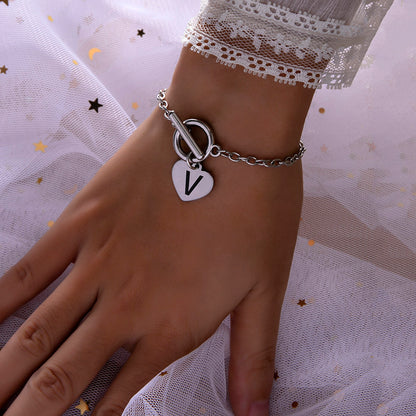Silver OT Buckle Initial Heart Bracelet