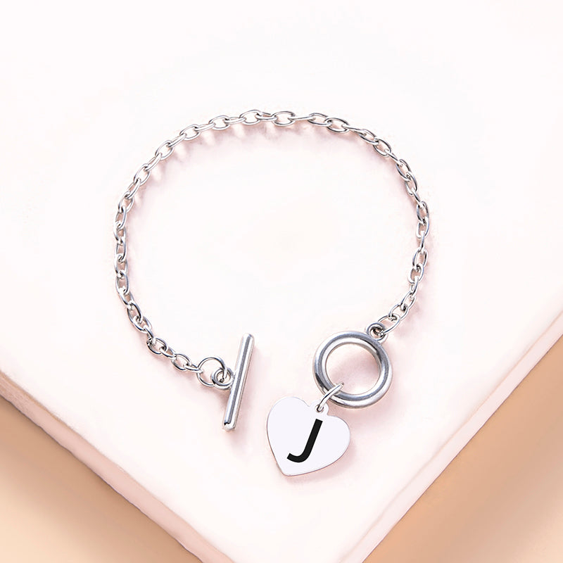 Silver OT Buckle Initial Heart Bracelet