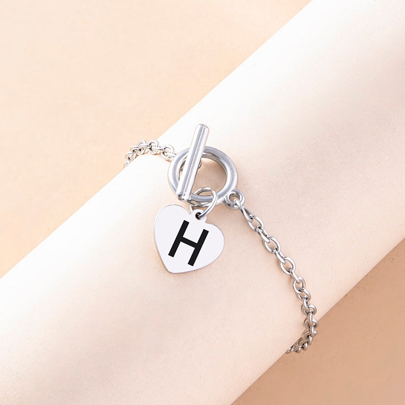 Silver OT Buckle Initial Heart Bracelet