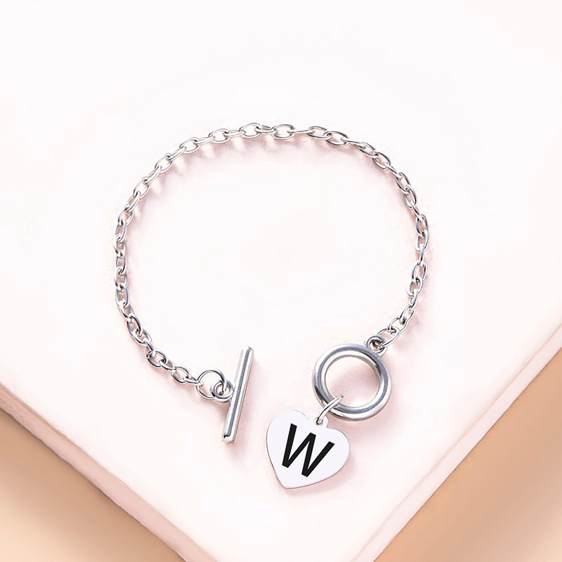 Silver OT Buckle Initial Heart Bracelet