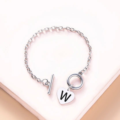 Silver OT Buckle Initial Heart Bracelet