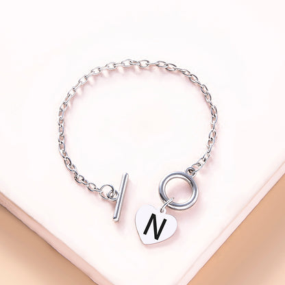 Silver OT Buckle Initial Heart Bracelet