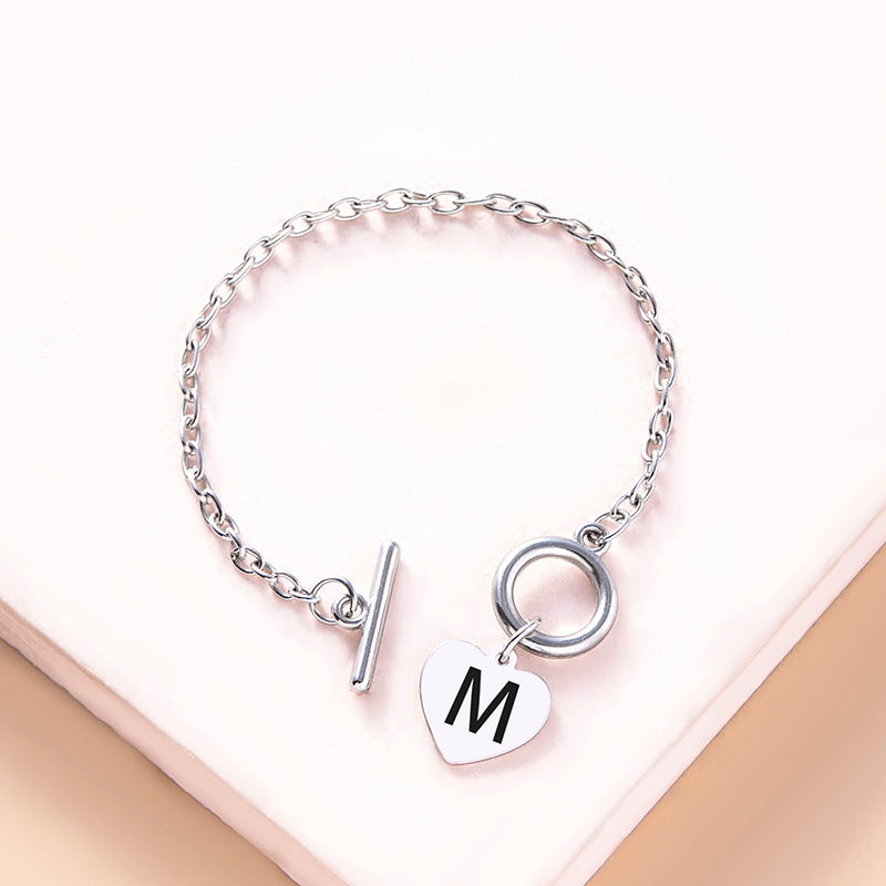Silver OT Buckle Initial Heart Bracelet