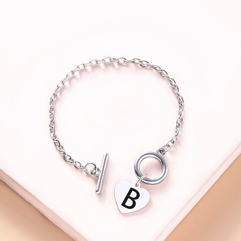 Silver OT Buckle Initial Heart Bracelet