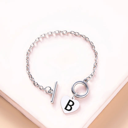 Silver OT Buckle Initial Heart Bracelet