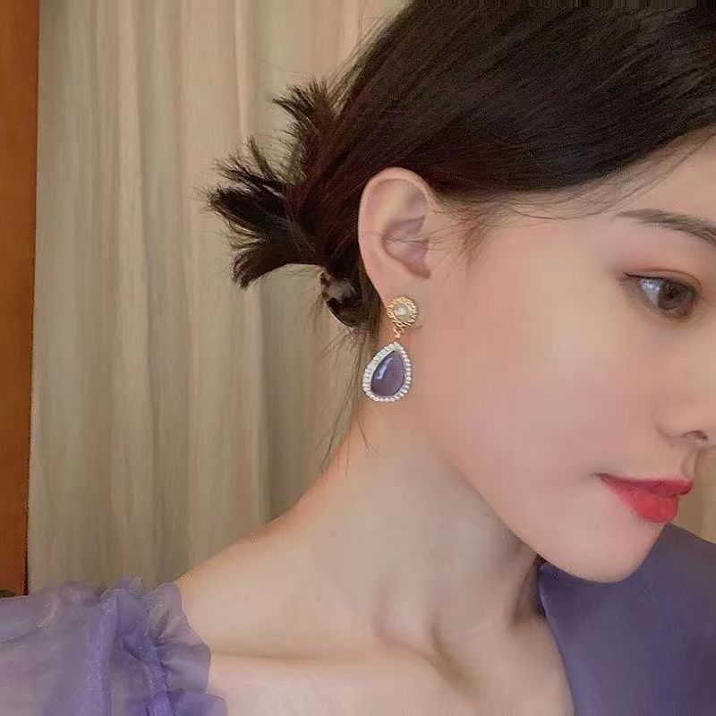 Purple Gemstone Tassel Earrings