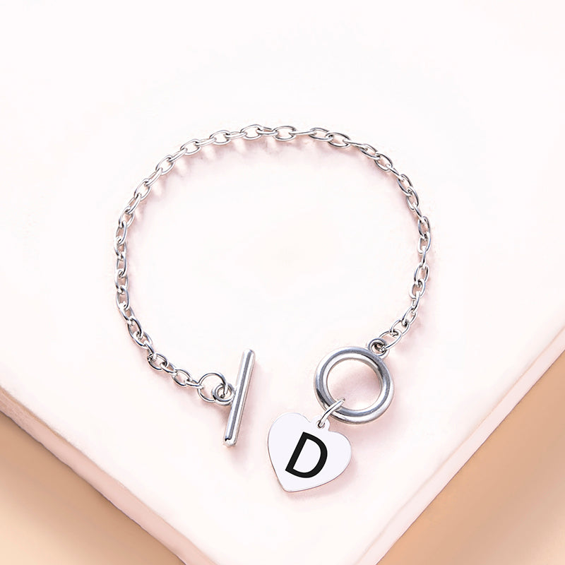 Silver OT Buckle Initial Heart Bracelet