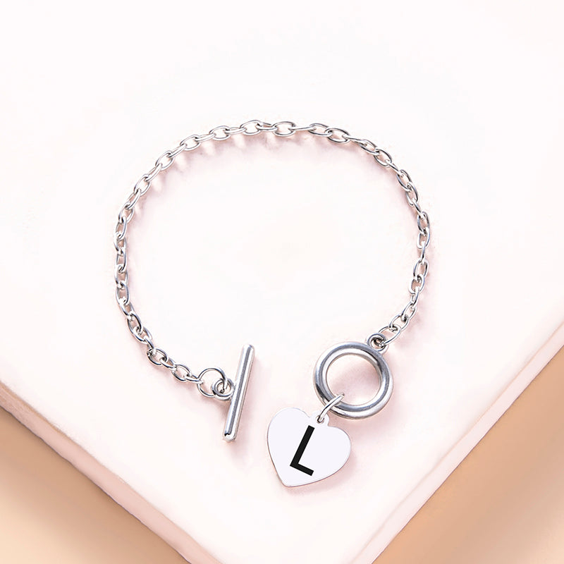 Silver OT Buckle Initial Heart Bracelet