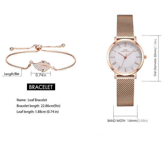 Women’s Leaf & Rhinestone Bracelet Watch Set