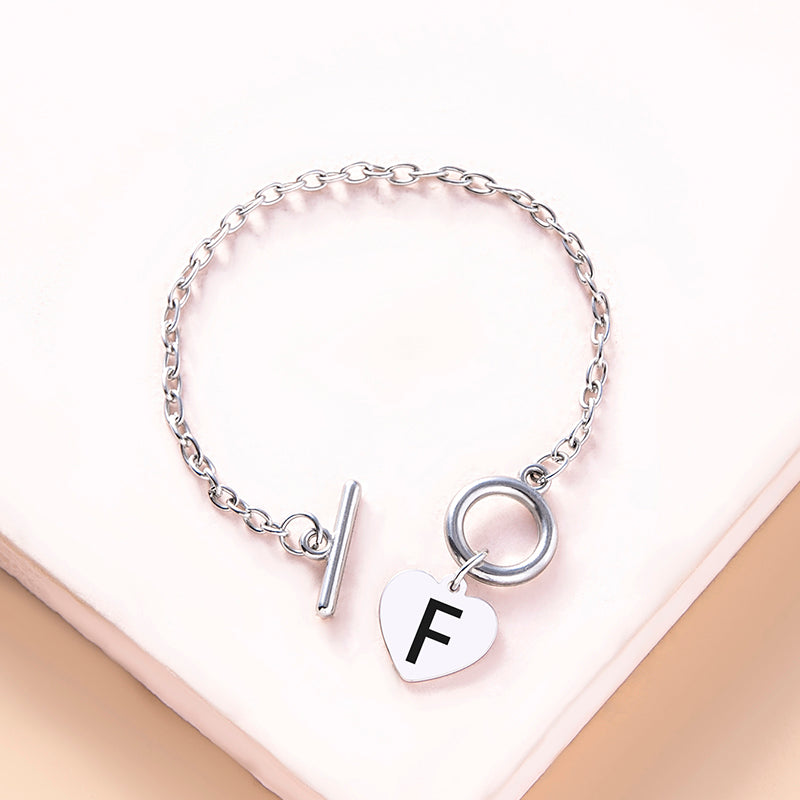 Silver OT Buckle Initial Heart Bracelet