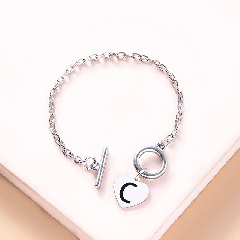 Silver OT Buckle Initial Heart Bracelet