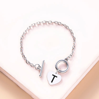 Silver OT Buckle Initial Heart Bracelet