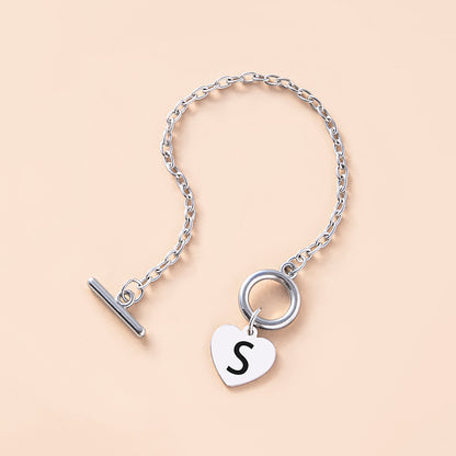 Silver OT Buckle Initial Heart Bracelet
