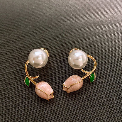 Elegant Tulip Pearl Stud Earrings