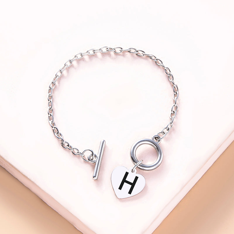 Silver OT Buckle Initial Heart Bracelet